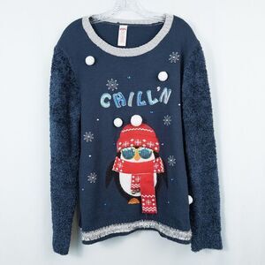 Holiday Time Chill'n Penguin Ugly Christmas‎ Sweater Womens XL Blue Bells Tinsel